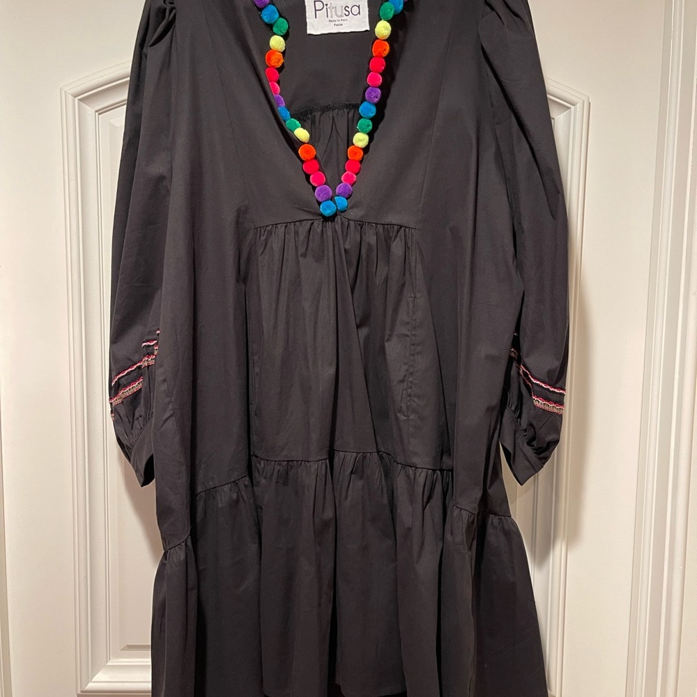 Pitusa Black Dress with Multicolor Pom Pom Trim